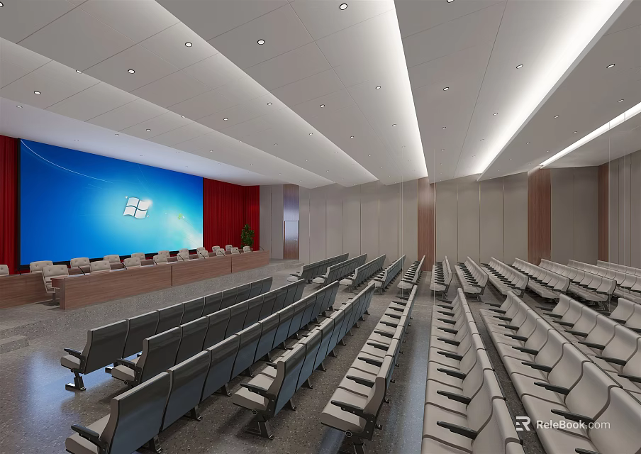 Modern Conference Room Interior With Blue Screen Windows Logo Red Flowers And Arranged Seats 3d model 