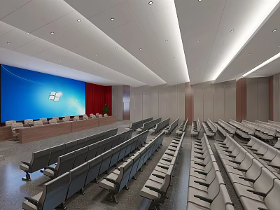 Modern Conference Room Interior With Blue Screen Windows Logo Red Flowers And Arranged Seats 3d model
