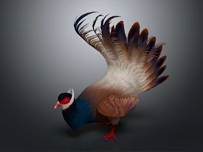 Colorful Pheasant Bird Displaying Spread Tail Feathers Red Blue Head and Vibrant Plumage 3d model