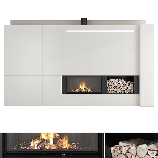 Modern White Built in Fireplace Interior With Flames And Wooden Logs 3d model 
