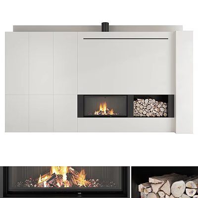 Modern White Built in Fireplace Interior With Flames And Wooden Logs 3d model