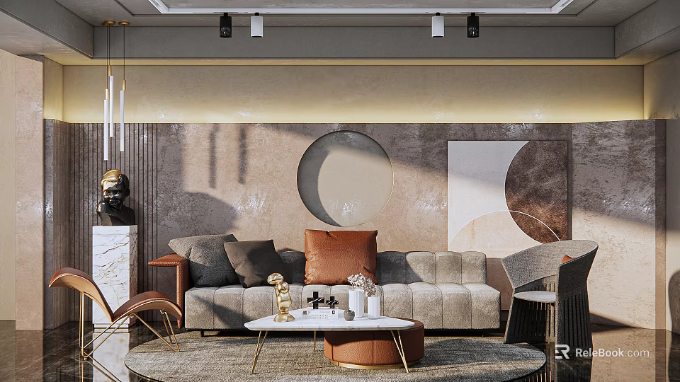 Elegant Gray Sofa And Coffee Table Set With Brown Cushions And Marble Top 3d model