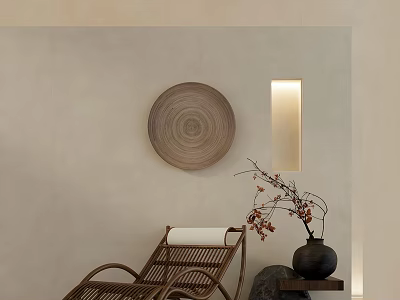 Rattan Lounge Chair In Minimalist Interior With Beige Wall Decorative Wooden Plate And Vase 3d model