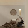Rattan Lounge Chair In Minimalist Interior With Beige Wall Decorative Wooden Plate And Vase