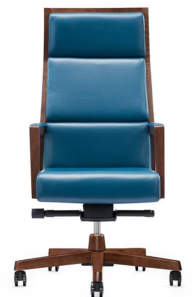 Teal Leather Office Chair With Wooden Armrests And Swivel Base Design 3d model