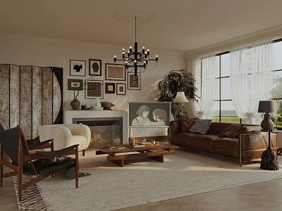 Cozy Living Room Interior Design With Brown Sofa Armchair Chandelier Fireplace And Wall Art 3d model