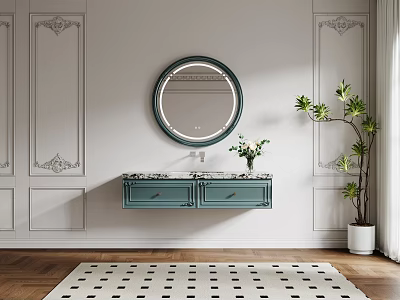 Teal Wall Mounted Vanity with Circular Mirror Marble Countertop Decorative Panels Potted Plant and Rug 3d model