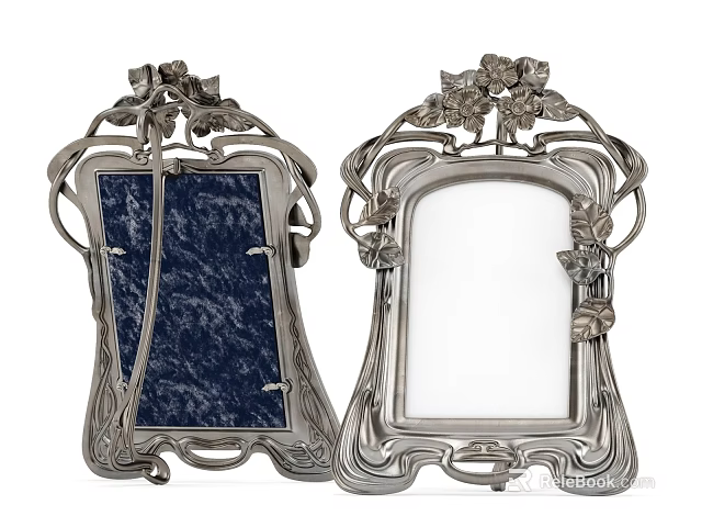 Silver Decorative Photo Frames With Vine Flower Motifs And Blue Marble Panel Design 3d model 
