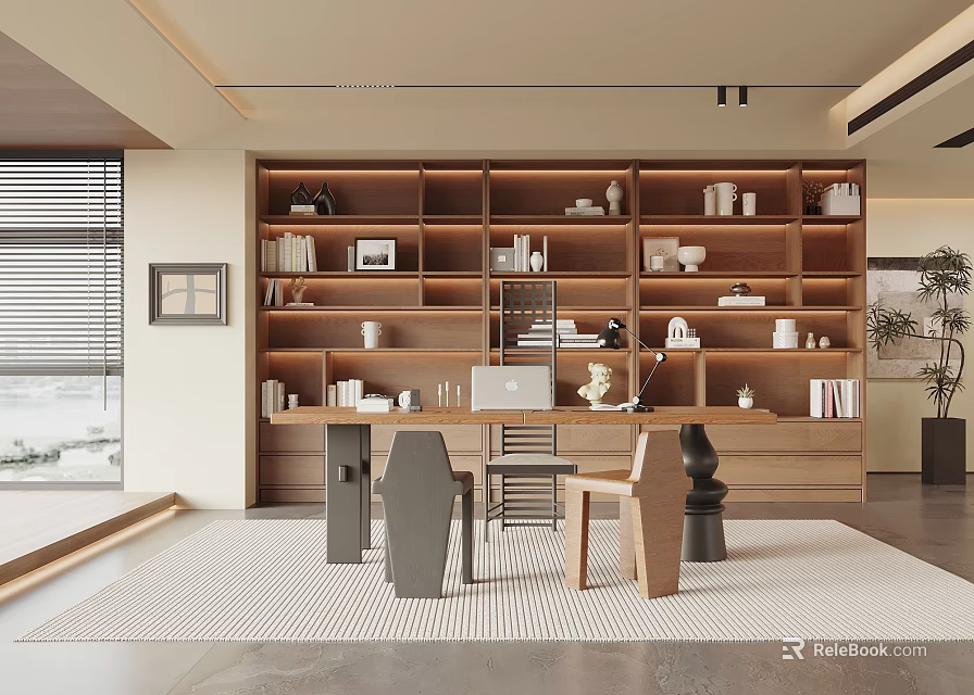 Modern Study Room With Wooden Bookshelves Desk Chair Decorations And Large Window Rug 3d model 