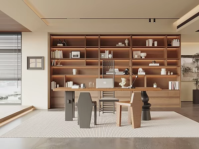 Modern Study Room With Wooden Bookshelves Desk Chair Decorations And Large Window Rug 3d model