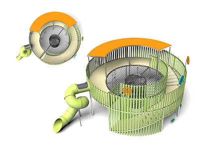 Outdoor Playground Equipment With Orange Roof Green Fence Spiral Slide And Climbing Net Structure 3d model