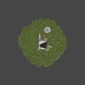 Tree Stump With Black Stone And White Bowl On Green Grass With Soil