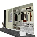 Modern Wardrobe Interior With Hanging Clothes Folded Items Handbags And Decorative Statue
