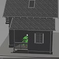Blue Residential House 3D Model With Gray Roof Balcony Windows And Wooden Door