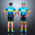 Men Modeling Blue Cycling Jerseys With Yellow Cuffs Socks Front Back Views And Team Logo 3d model