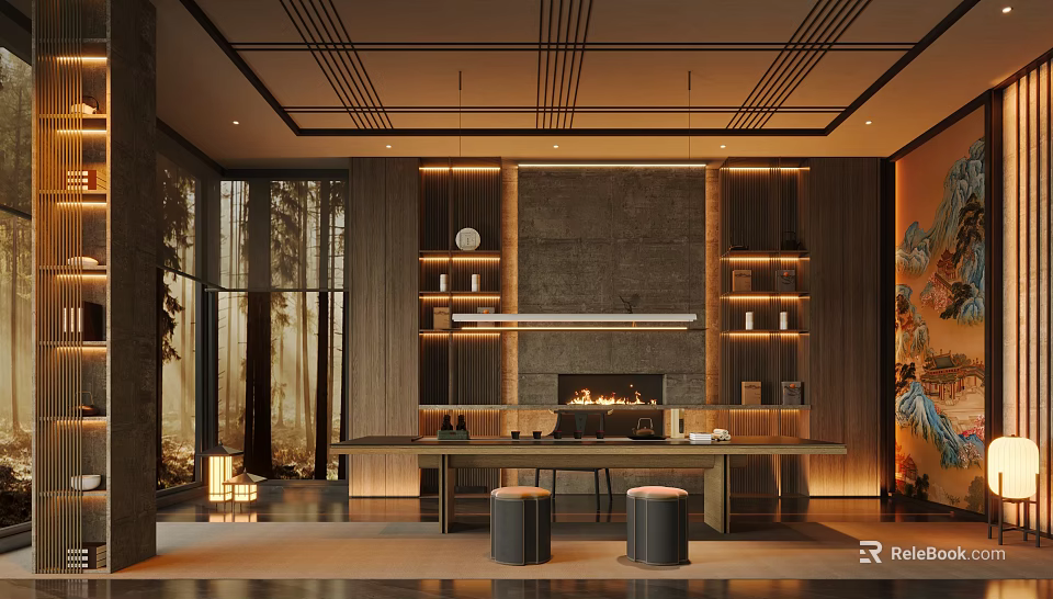 Modern Tea Room Interior With Wooden Bookshelves Fireplace And Long Table Lighting 3d model 