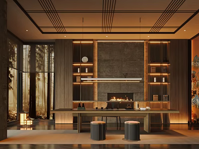 Modern Tea Room Interior With Wooden Bookshelves Fireplace And Long Table Lighting 3d model