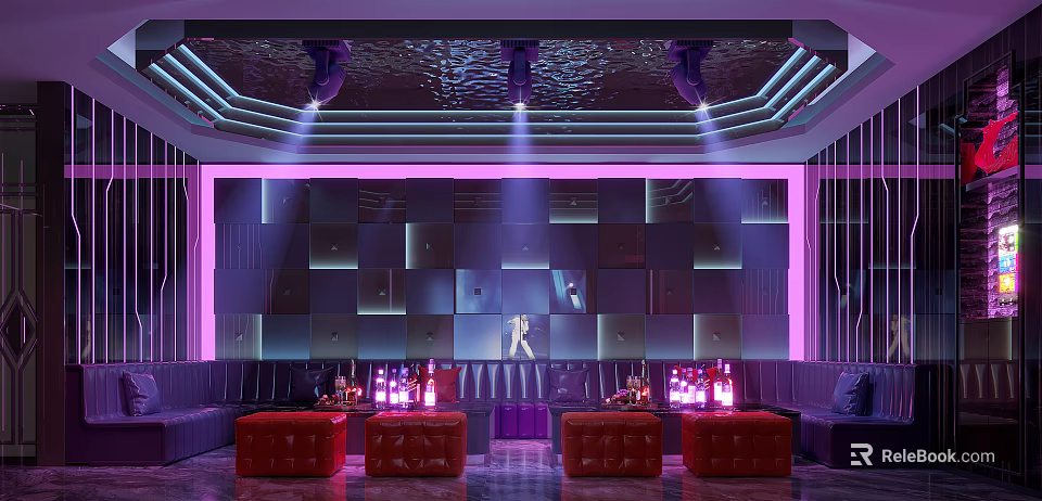 Modern KTV Interior Design With Purple Lighting Sofas Bar Counter And Wine Bottles 3d model 