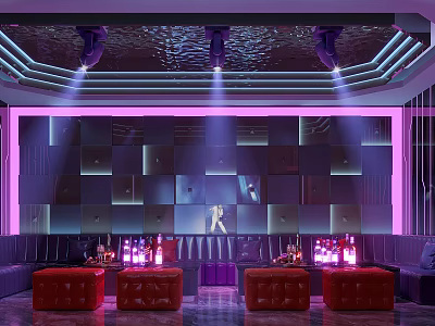 Modern KTV Interior Design With Purple Lighting Sofas Bar Counter And Wine Bottles 3d model