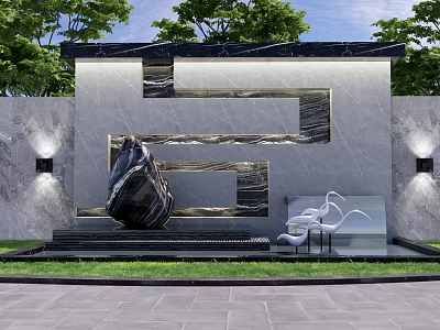 Modern Building Exterior Wall With Marble Texture Green Trees And Lawn Sculpture Wall Lamps 3d model