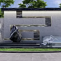 Modern Building Exterior Wall With Marble Texture Green Trees And Lawn Sculpture Wall Lamps