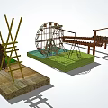 Garden Ornaments Scene With Wooden Waterwheel Windmill Wooden Bridge Green Grassland And Decorative Structures