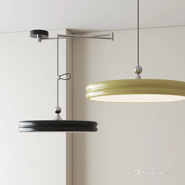 Modern Minimalist Black and Yellow Circular Pendant Lights on White Wall 3d model 
