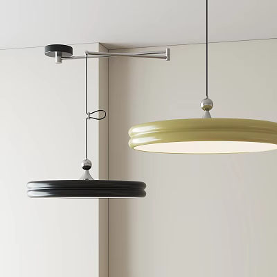 Modern Minimalist Black and Yellow Circular Pendant Lights on White Wall 3d model