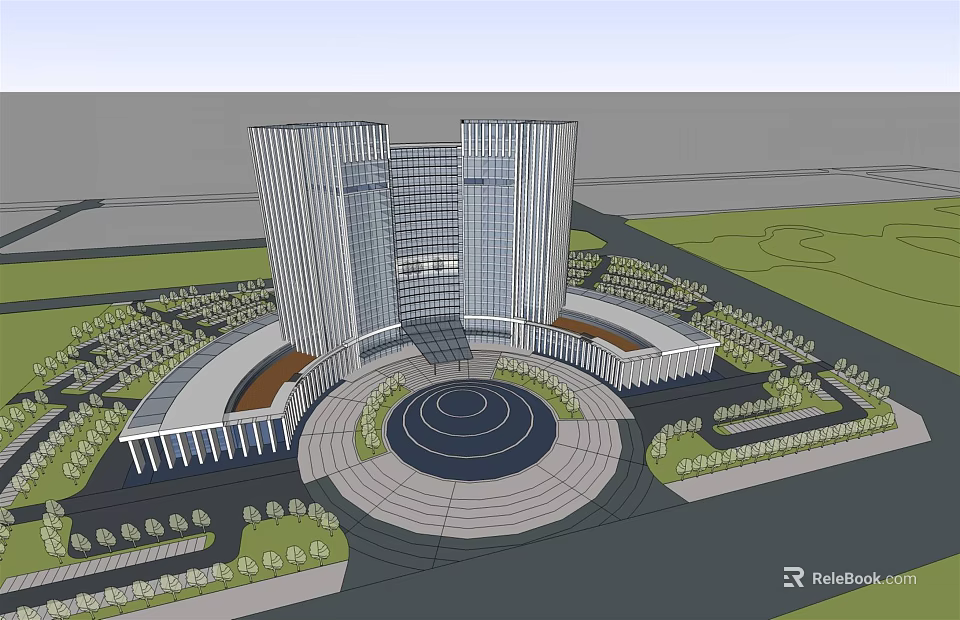 Modern Office Building Exterior Design With Circular Plaza And Landscaped Surroundings 3d model 