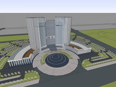 Modern Office Building Exterior Design With Circular Plaza And Landscaped Surroundings 3d model