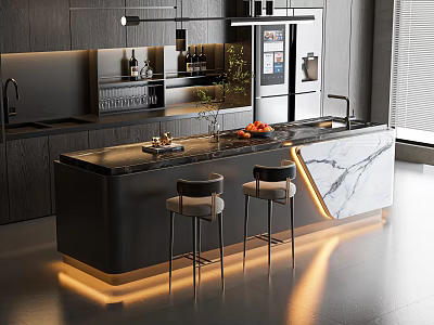 Modern Bar Area Interior Design With Black Marble Top High Stools And Led Lighting 3d model
