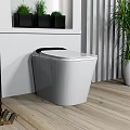 Modern White Smart Toilet In Bathroom With Green Plants And Wooden Floor