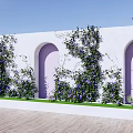 Vines with Purple Flowers Climbing White Walls with Pink Arched Doors and Wooden Flooring