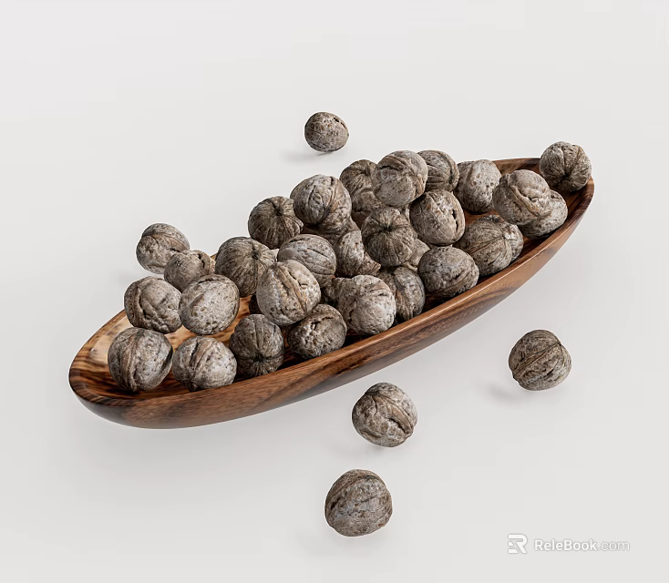 Fresh Walnuts in Wooden Bowl with Scattered Nuts on White Background 3d model 
