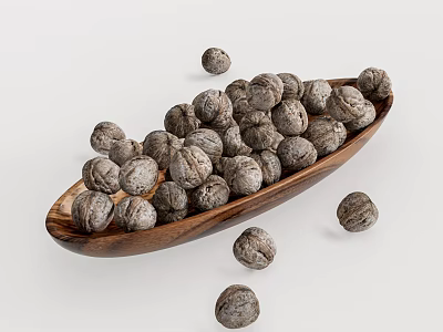 Fresh Walnuts in Wooden Bowl with Scattered Nuts on White Background 3d model