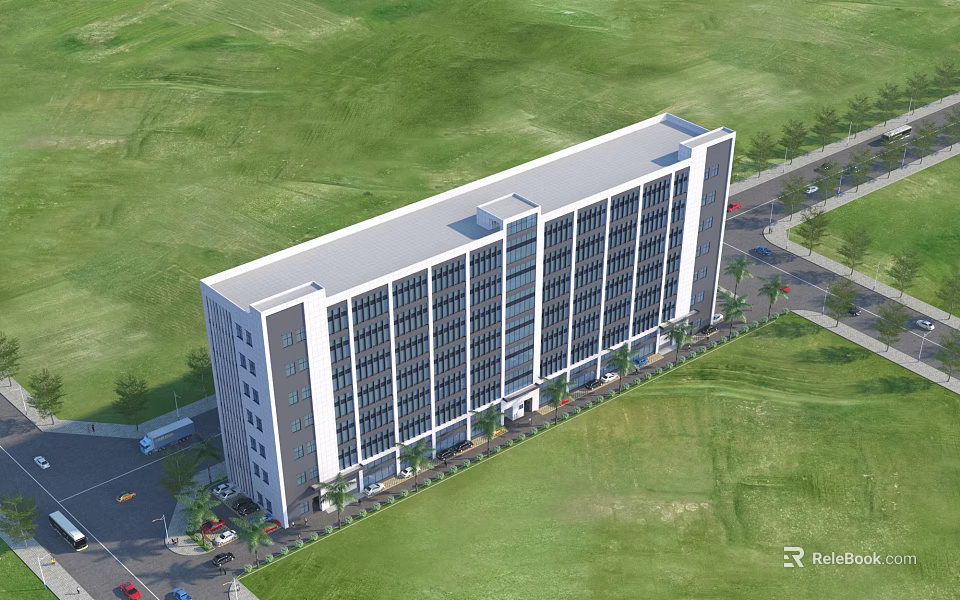 Modern Office Building Exterior Design With Glass Windows Multiple Floors And Green Lawn 3d model 
