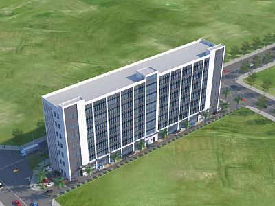 Modern Office Building Exterior Design With Glass Windows Multiple Floors And Green Lawn 3d model
