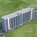 Modern Office Building Exterior Design With Glass Windows Multiple Floors And Green Lawn