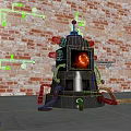 Steampunk Art Installation With Black Body Red Lights Glowing Core And Brick Wall Background