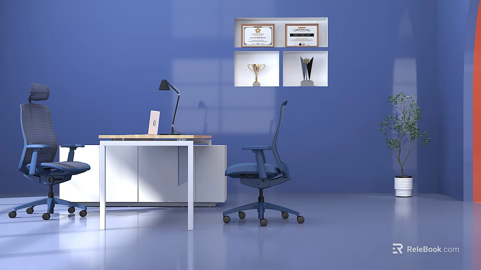 Ergonomic Blue Office Chair in Modern Office Setting with Desk Lamp Laptop and Green Plant 3d model 