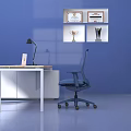 Ergonomic Blue Office Chair in Modern Office Setting with Desk Lamp Laptop and Green Plant