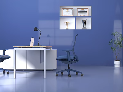 Ergonomic Blue Office Chair in Modern Office Setting with Desk Lamp Laptop and Green Plant 3d model