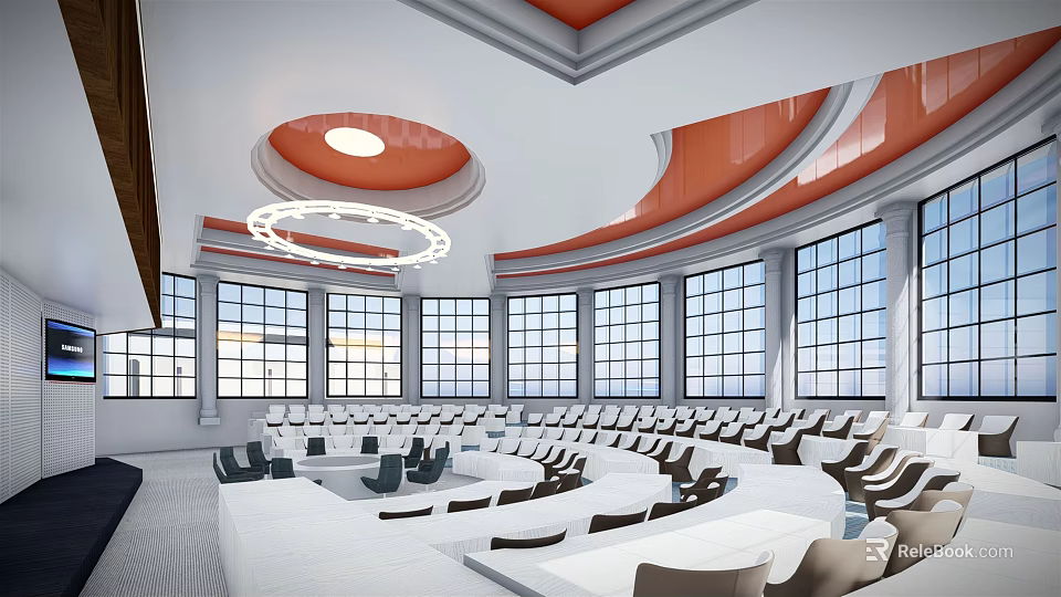 Spacious Modern Conference Room With Large Windows Circular Chandelier And White Seats 3d model 