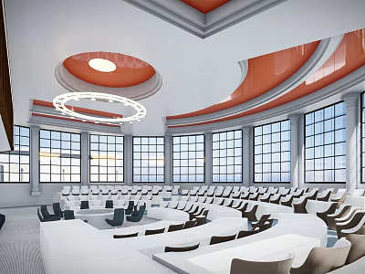 Spacious Modern Conference Room With Large Windows Circular Chandelier And White Seats 3d model