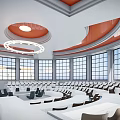 Spacious Modern Conference Room With Large Windows Circular Chandelier And White Seats