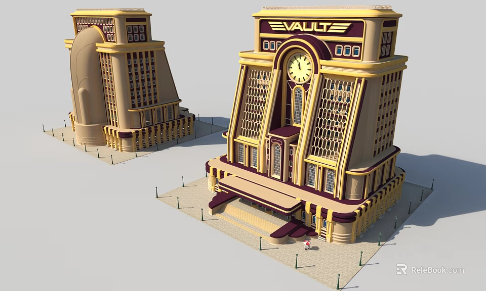 Cartoon Style Buildings With Evauze Sign Large Clock Yellow Brown Exterior Balconies And Paths 3d model 