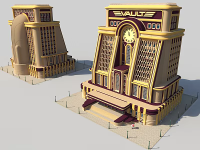 Cartoon Style Buildings With Evauze Sign Large Clock Yellow Brown Exterior Balconies And Paths 3d model