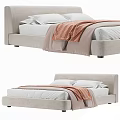 Modern Light Gray Double Bed With Upholstered Headboard White Sheets And Orange Throw Blanket 3d model