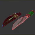 Hunting Knife With Red Decorative Sheath Brown Handle And Metallic Blade