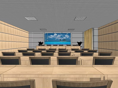 Modern Conference Room With Wooden Walls Ceiling Large Screen Displaying Sea View And Chairs 3d model